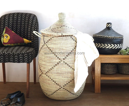 Handwoven Senegalese Laundry Basket with lid - Sustainable home decor
