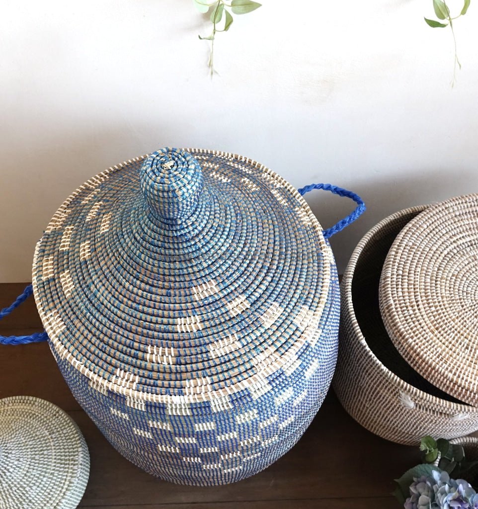 Blue "Pottery" Design with White Pattern Laundry Basket / African Baskets - modecorarts