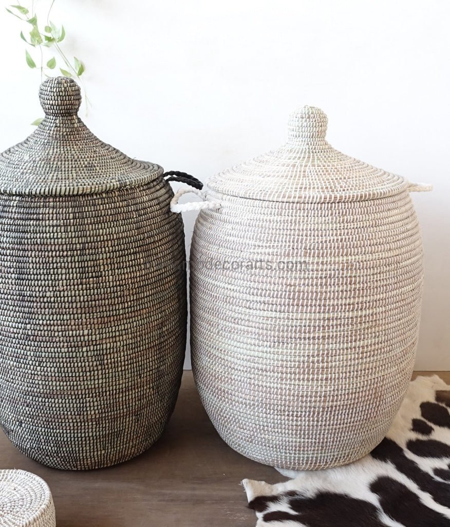Set of eco friendly handwoven Senegalese laundry baskets with lids in sale