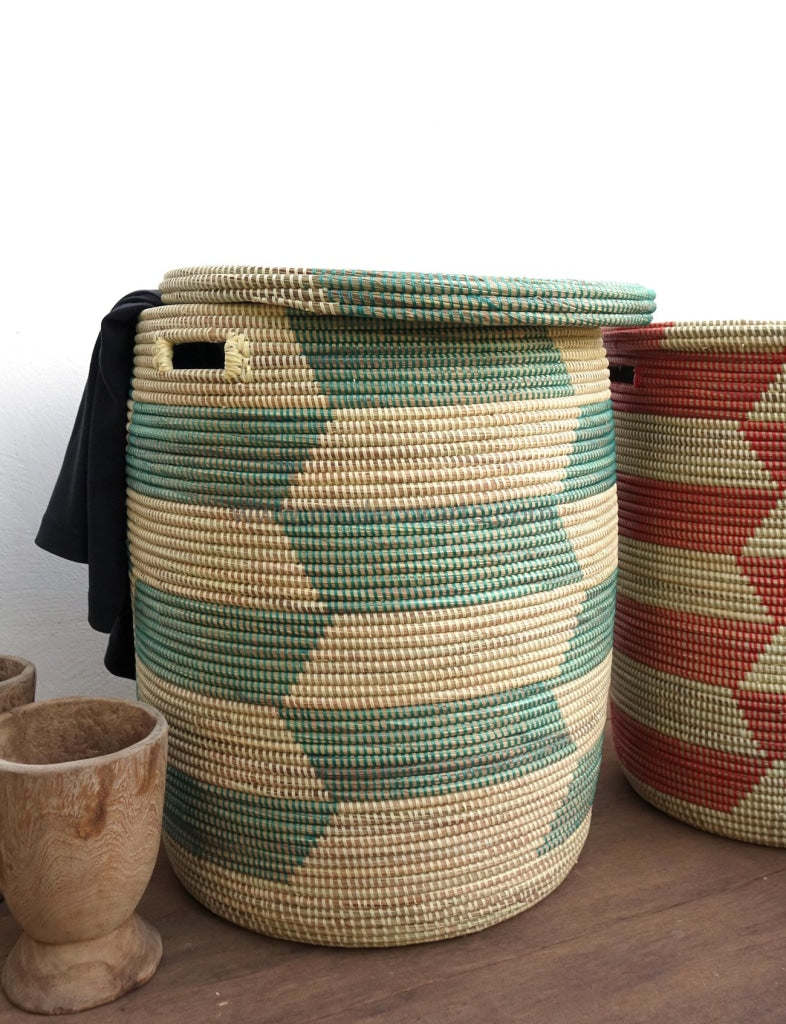 Storage Basket With Flat Lid / Boho Green & Ivory Chevron Pattern Flat Lid Basket