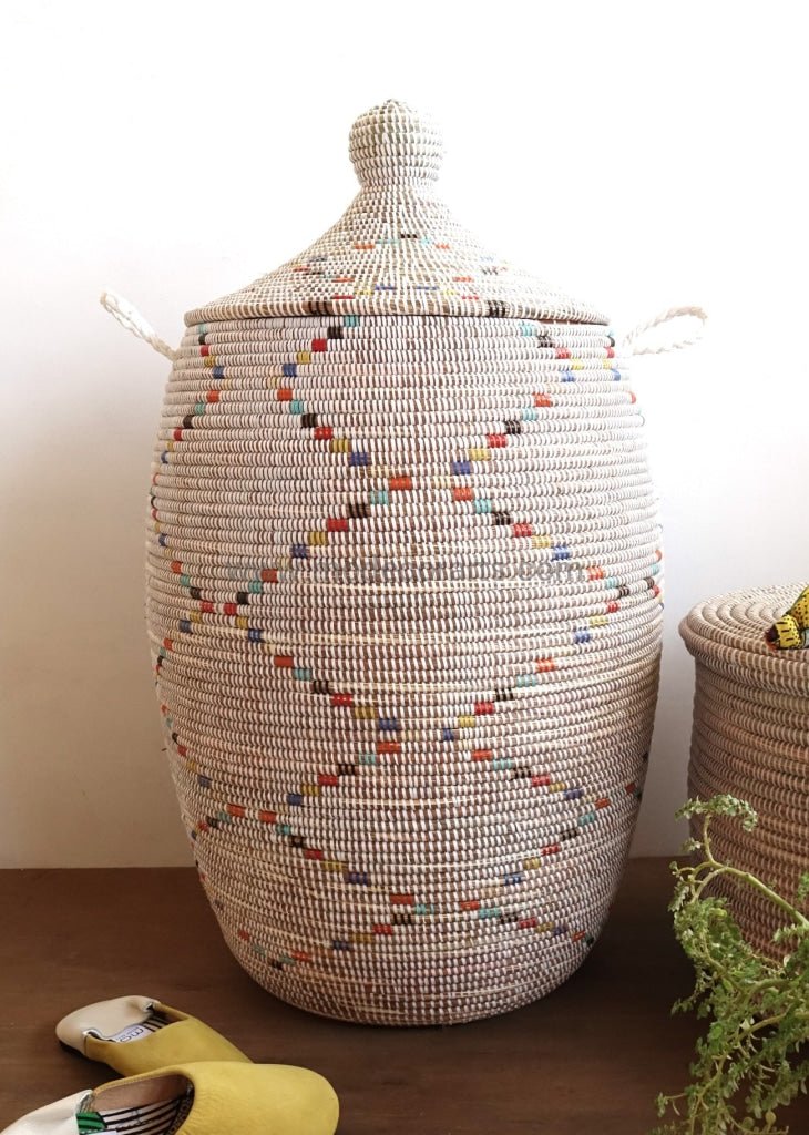 White Laundry Basket with lid, multi color pattern from Africa