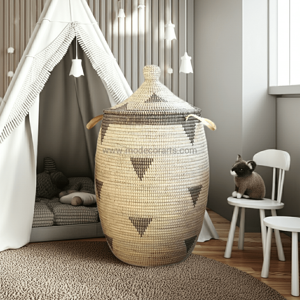 Black Triangle patterned Laundry Basket with lid (XL) / Ivory / Wicker Extra Large Basket with lid - modecorarts