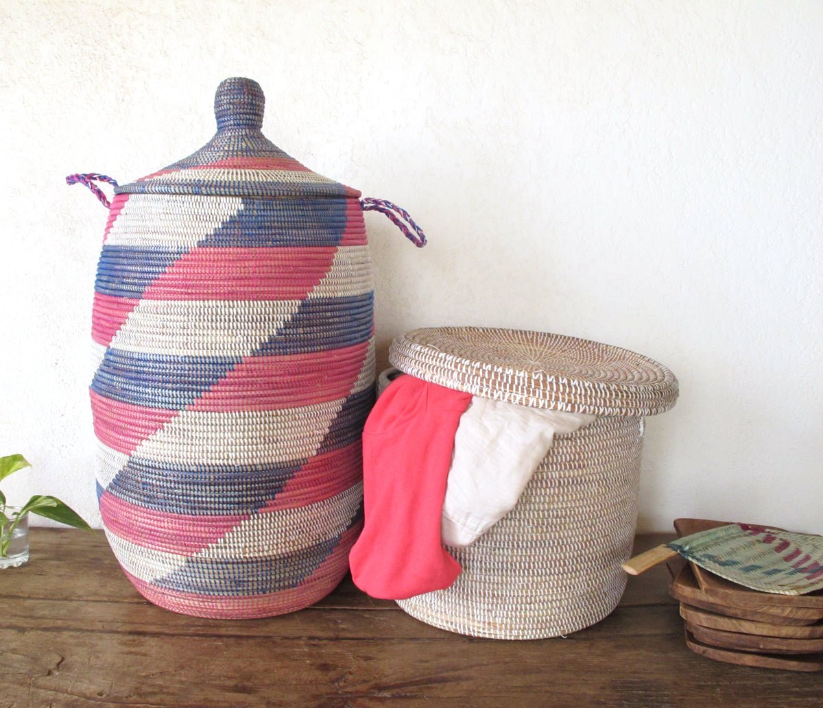 Decorative Pink Chevron Laundry Basket with lid (XL) / Kids' room Idea / Wicker Laundry Hamper from Senegal - modecorarts