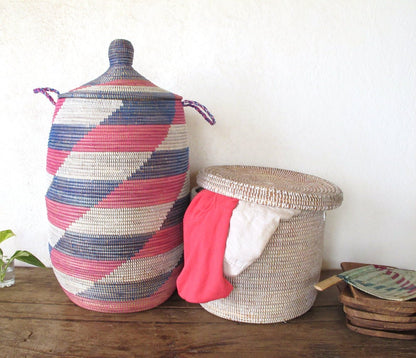 Decorative Pink Chevron Laundry Basket with lid (XL) / Kids' room Idea / Wicker Laundry Hamper from Senegal - modecorarts