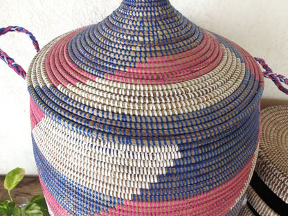 Decorative Pink Chevron Laundry Basket with lid (XL) / Kids' room Idea / Wicker Laundry Hamper from Senegal - modecorarts