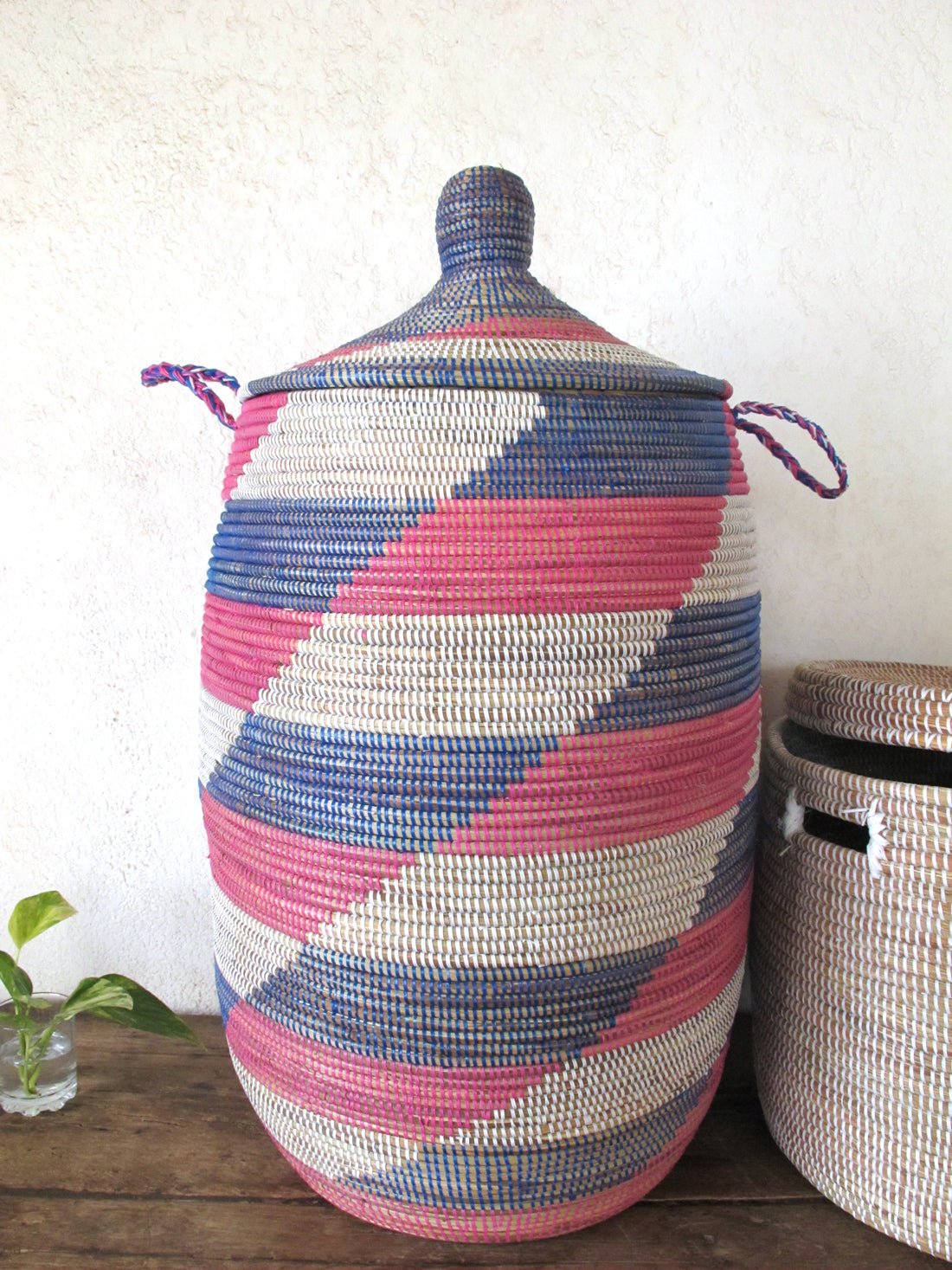 Decorative Pink Chevron Laundry Basket with lid (XL) / Kids' room Idea / Wicker Laundry Hamper from Senegal - modecorarts