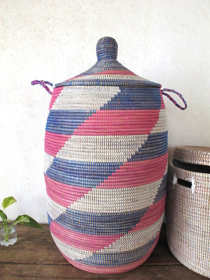 Decorative Pink Chevron Laundry Basket with lid (XL) / Kids' room Idea / Wicker Laundry Hamper from Senegal - modecorarts