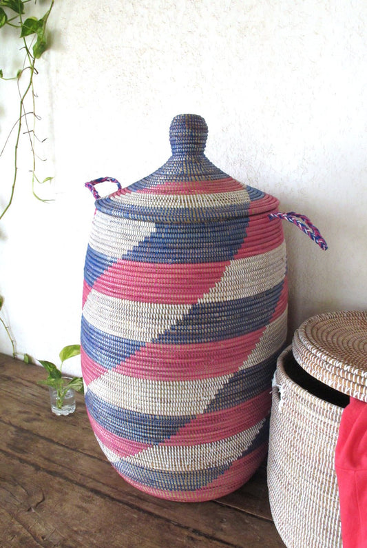 Decorative Pink Chevron Laundry Basket with lid (XL) / Kids' room Idea / Wicker Laundry Hamper from Senegal - modecorarts