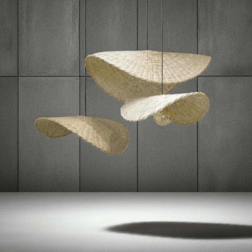 Set of 3 Wavy Lampshades in Palm Stems / Handwoven Lampshades / Ceiling Pendant Light Shade - modecorarts