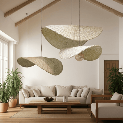 Set of 3 Wavy Lampshades in Palm Stems / Handwoven Lampshades / Ceiling Pendant Light Shade - modecorarts