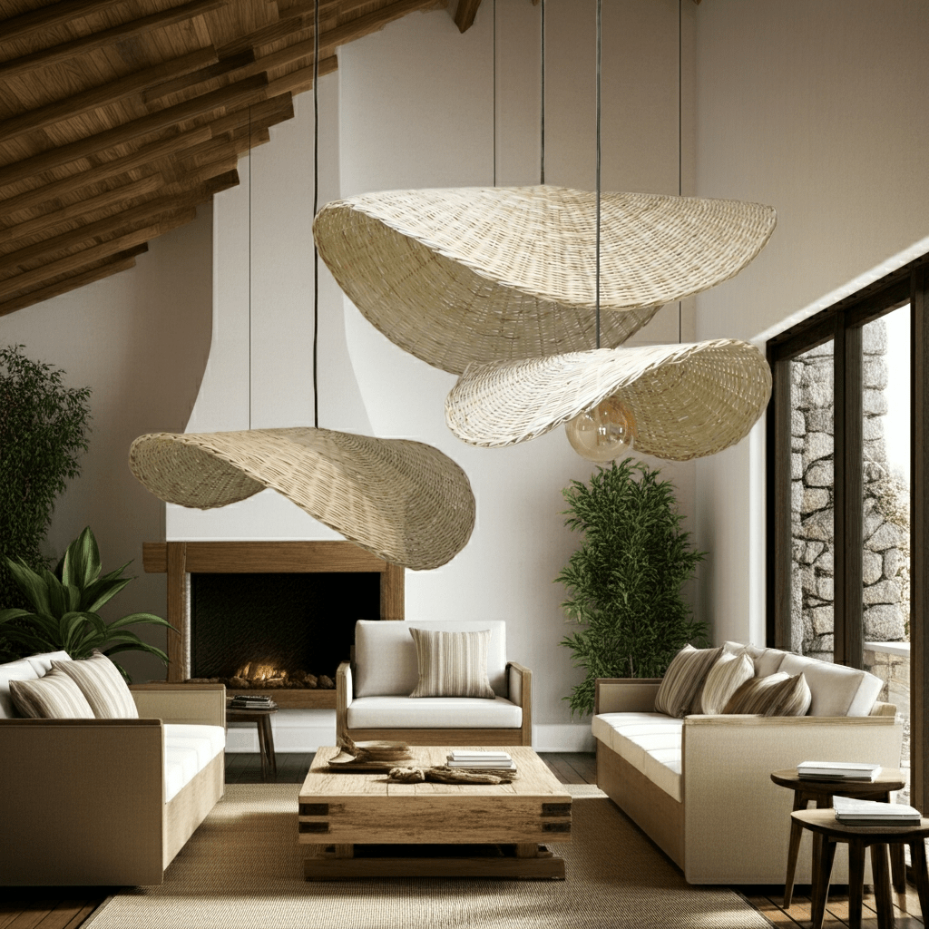 Set of 3 Wavy Lampshades in Palm Stems / Handwoven Lampshades / Ceiling Pendant Light Shade - modecorarts