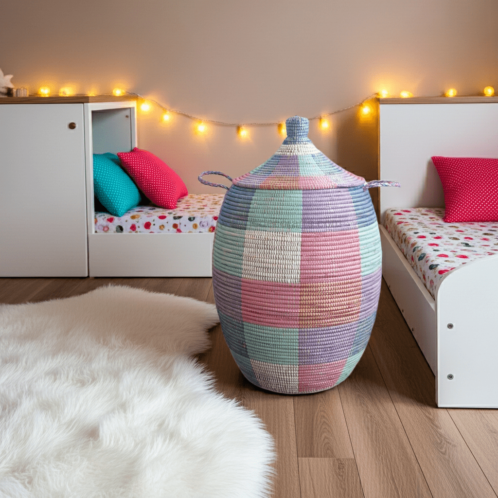 Stylish Laundry Basket with lid in Checked Pattern (XL) / Decorative Colorful Basket for clutter free - modecorarts