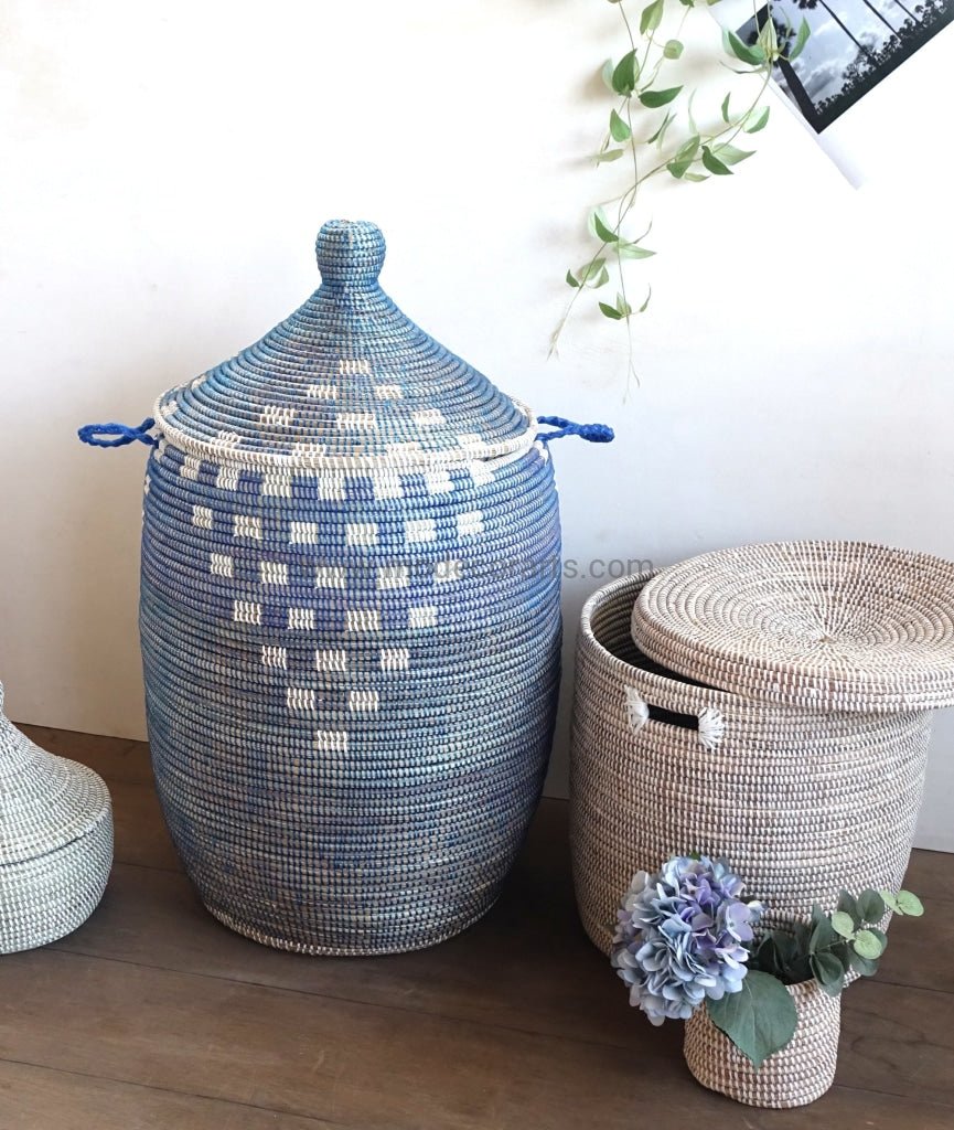 Blue and white storage shop baskets