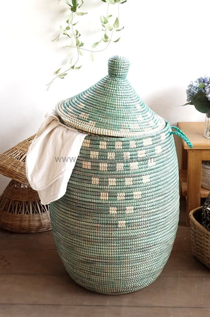 Beautiful Ivory dots pattern on Green base XL laundry basket Fully handmade in Senegal Accent furniture decluttering solution