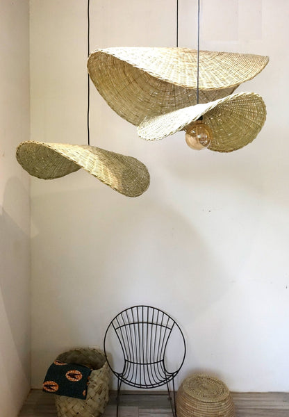 Wavy Lampshades in Palm Stems / Handwoven Lampshades / Ceiling Oversized Light Shade - modecorarts